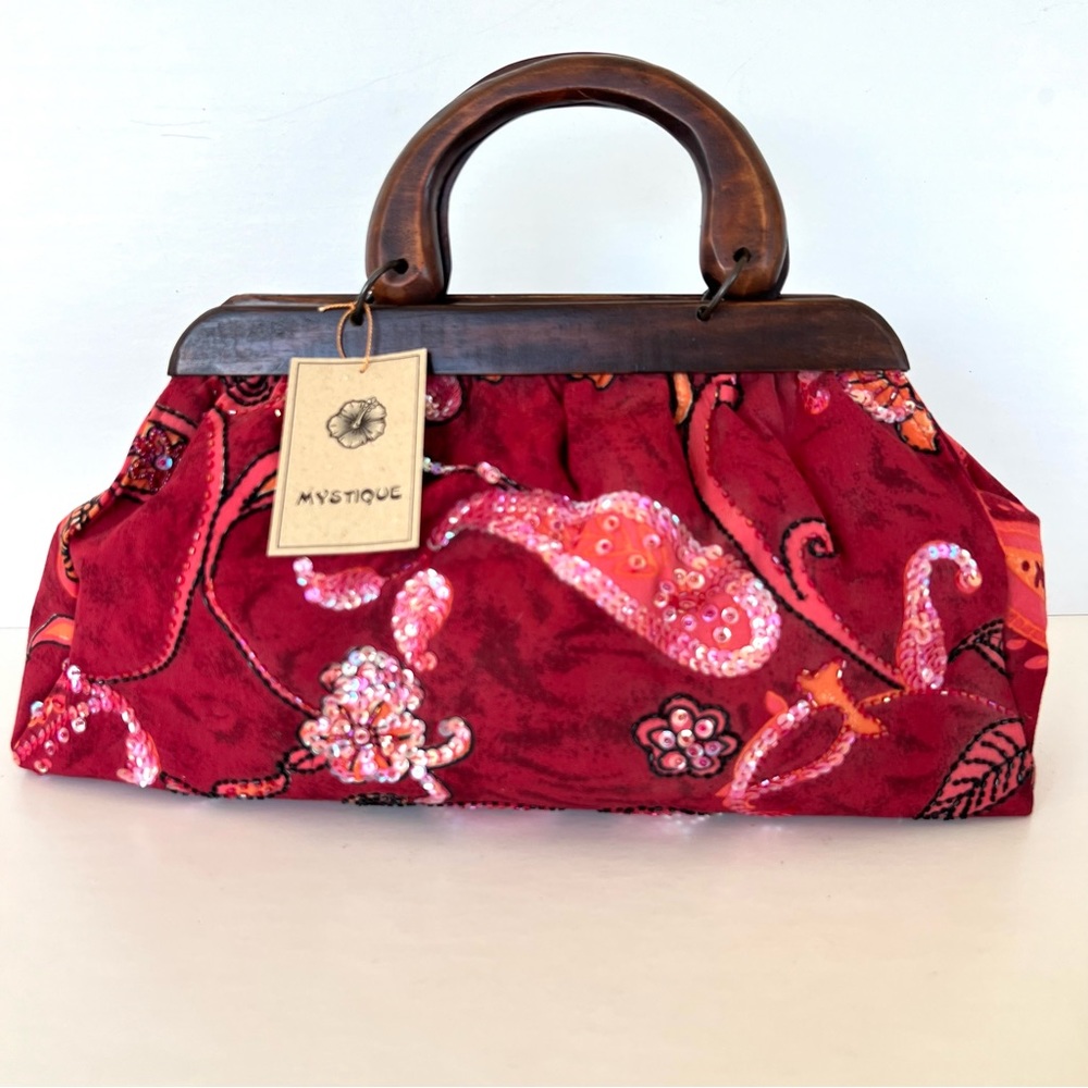 MYSTIQUE Burgundy Paisley Sequence Beaded Wood Handles Vintage Style Handbag NWT